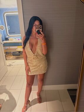 White Fox Boutique Gold Sequin Plunge Halter Mini Dress